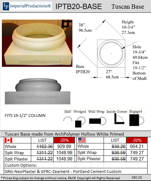 IPTB20 Tuscan base hole fits 19-1/2"
