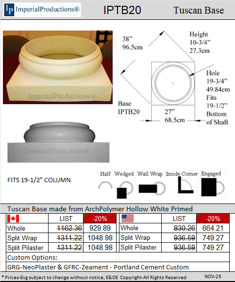 IPTB20 Tuscan base hole fits 19-1/2"