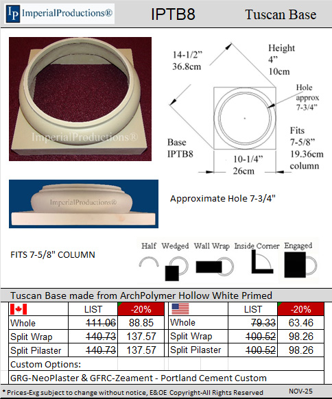 IPTB8 Tuscan Base fits 7-5/8" column