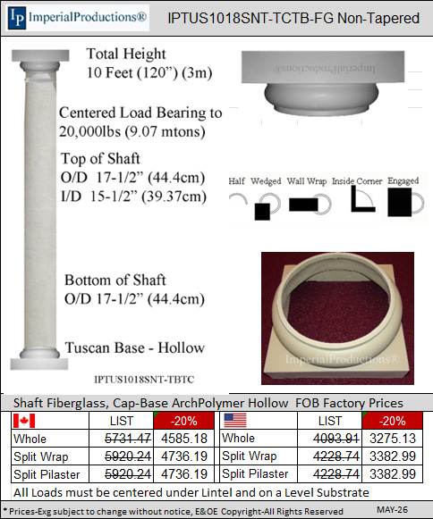 IPTUS1018SNT-TCTB Tuscan 10 Feet 18 inch non tapered column