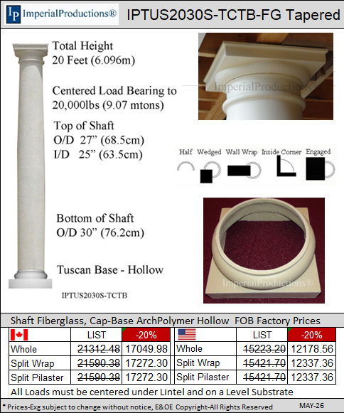 IPTUS2030S-TCTB Tuscan column 20 feet high x 30" diameter tapered