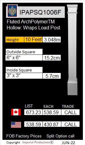 IPAPSQ1006F Fluted column 10 Feet x 6" x 6"