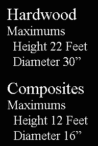Hardwood maximums 22 Feet - 30 inch diameter, Composites Maximum height 12 Feet Diameter 16 inches
