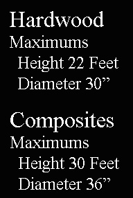 Hardwood maximums Height 22 Feet - Diameter 30 inch, Composites Maximum 30 Feet High, Diameter 36 inches